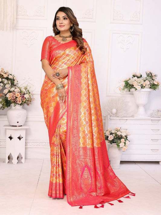 Siitara - Coral Orange & Pink with Golden Chaturi Banarasi Silk Saree - Siitara