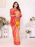 Siitara - Coral Orange & Pink with Golden Chaturi Banarasi Silk Saree - Siitara