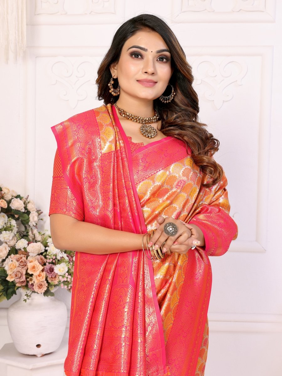 Siitara - Coral Orange & Pink with Golden Chaturi Banarasi Silk Saree - Siitara