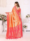 Siitara - Coral Orange & Pink with Golden Chaturi Banarasi Silk Saree - Siitara