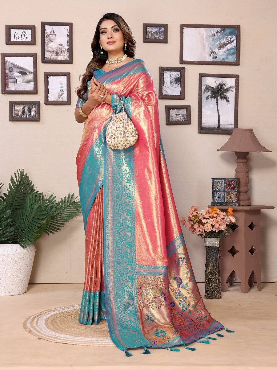 Siitara - Coral Pink with Turquoise Blue Elegance vantara Banarasi Tissue Silk Saree - Siitara