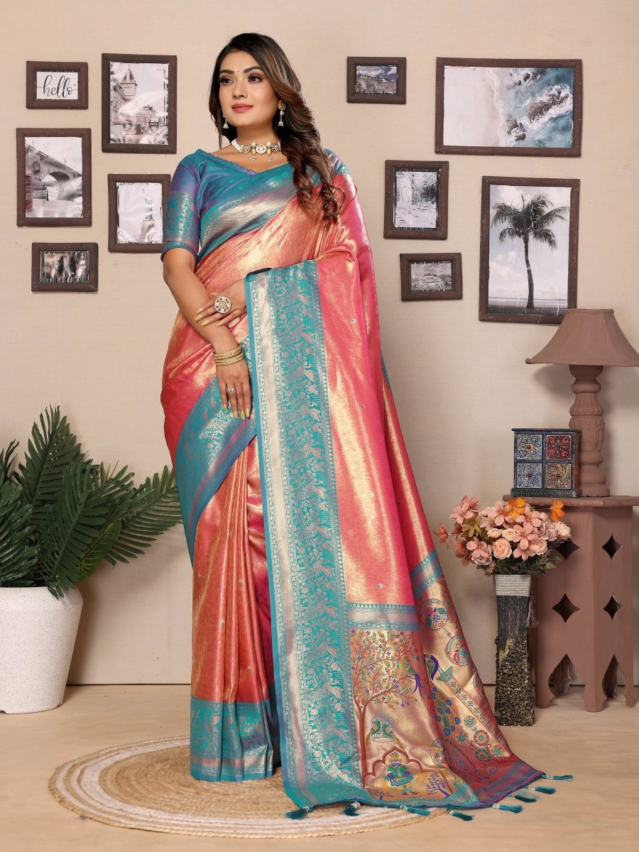Siitara - Coral Pink with Turquoise Blue Elegance vantara Banarasi Tissue Silk Saree - Siitara