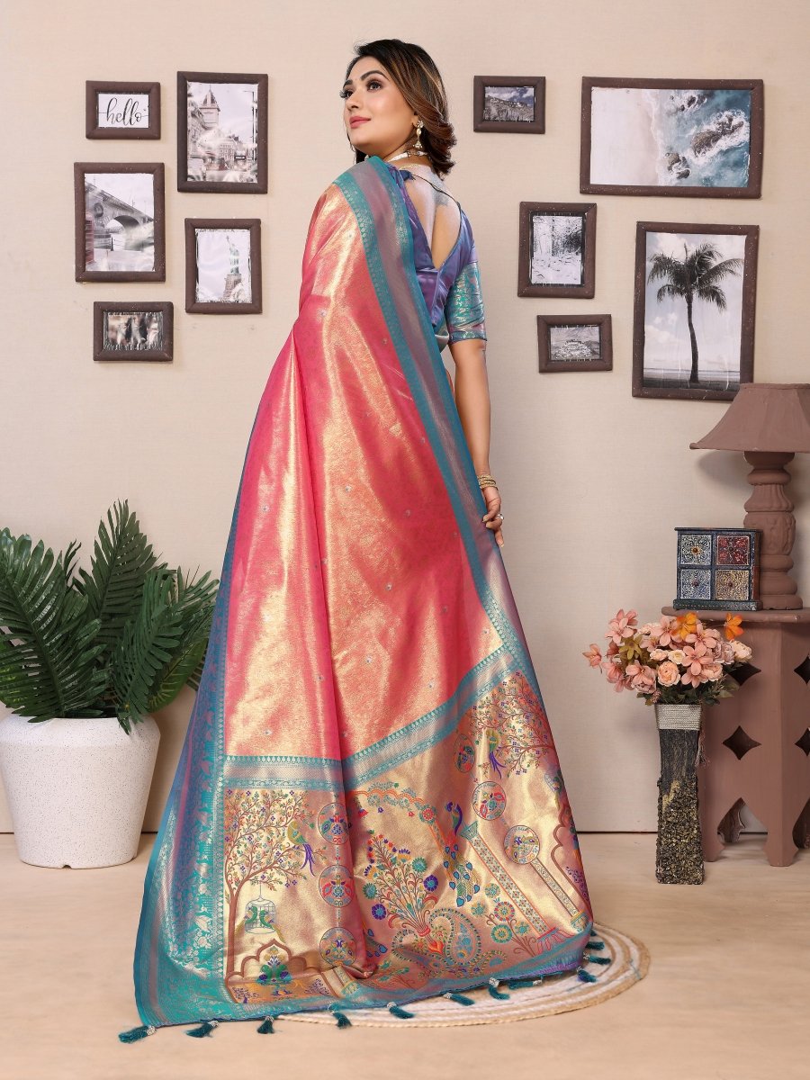 Siitara - Coral Pink with Turquoise Blue Elegance vantara Banarasi Tissue Silk Saree - Siitara
