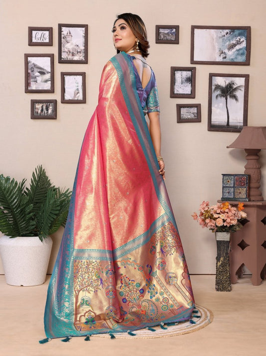 Siitara - Coral Pink with Turquoise Blue Elegance vantara Banarasi Tissue Silk Saree - Siitara