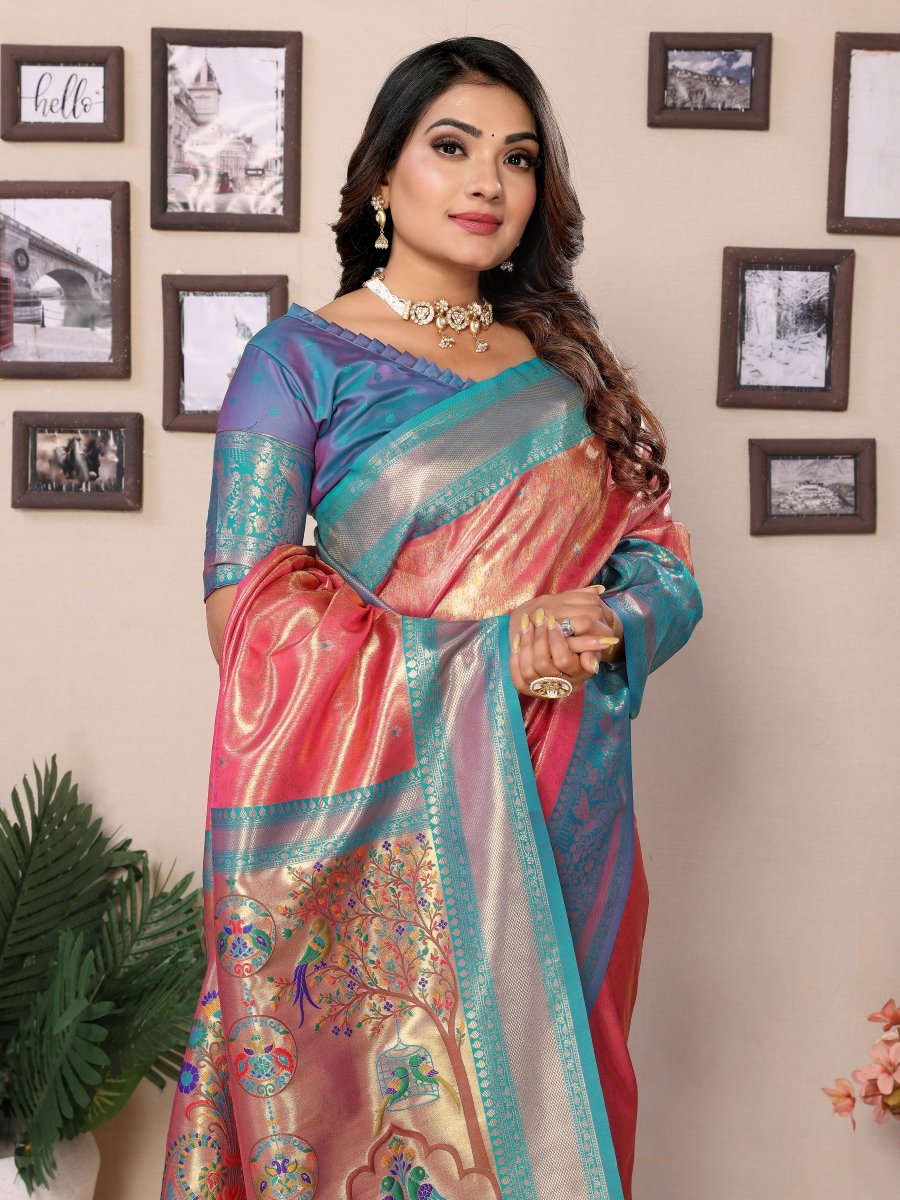 Siitara - Coral Pink with Turquoise Blue Elegance vantara Banarasi Tissue Silk Saree - Siitara