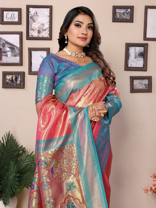 Siitara - Coral Pink with Turquoise Blue Elegance vantara Banarasi Tissue Silk Saree - Siitara