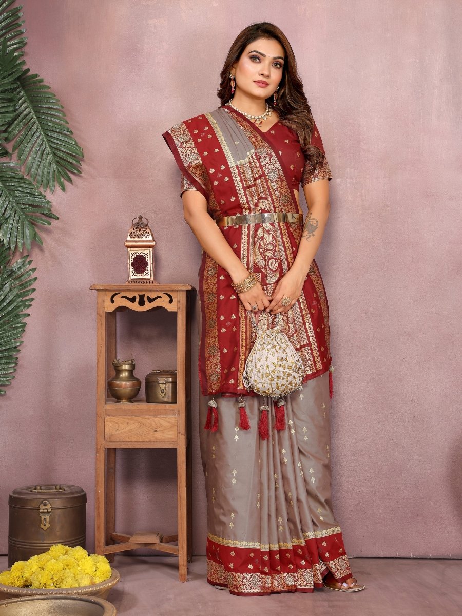 Siitara - Elegant Grey with Royal Maroon Banarasi silk saree - Siitara