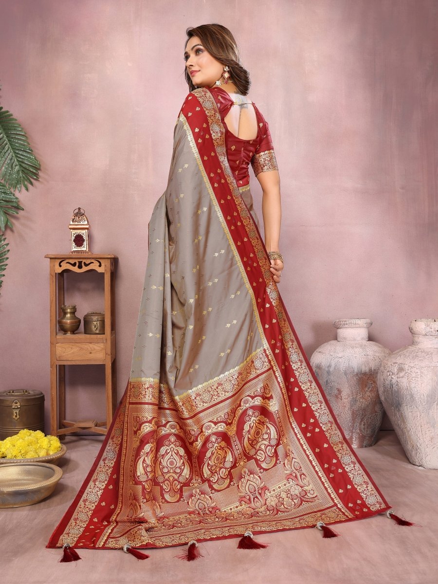 Siitara - Elegant Grey with Royal Maroon Banarasi silk saree - Siitara