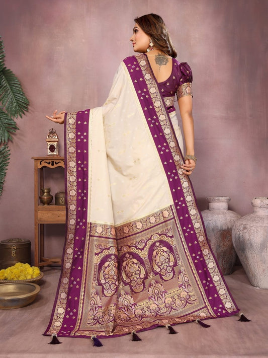 Siitara - Elegant Ivory White with Royal Purple Banarasi silk saree - Siitara