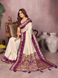 Siitara - Elegant Ivory White with Royal Purple Banarasi silk saree - Siitara