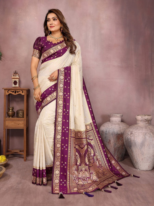 Siitara - Elegant Ivory White with Royal Purple Banarasi silk saree - Siitara