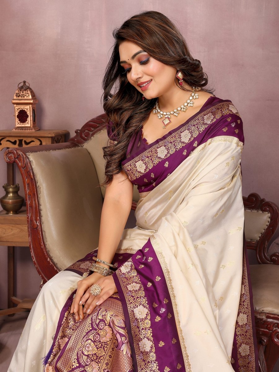 Siitara - Elegant Ivory White with Royal Purple Banarasi silk saree - Siitara