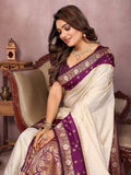 Siitara - Elegant Ivory White with Royal Purple Banarasi silk saree - Siitara