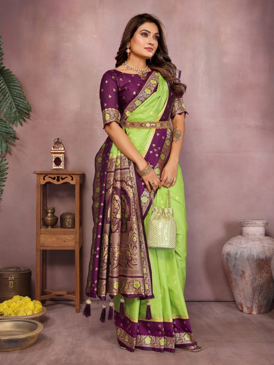 Siitara - Fresh Lime Green with Royal Purple Banarasi silk saree - Siitara