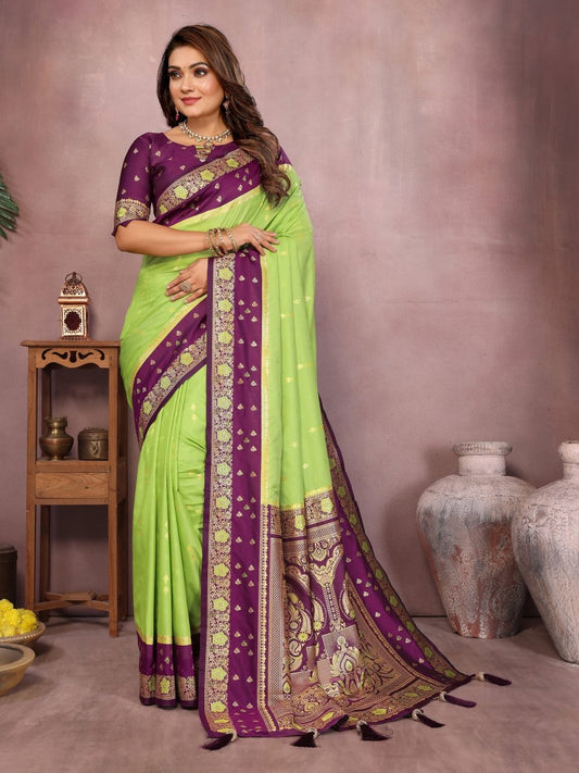 Siitara - Fresh Lime Green with Royal Purple Banarasi silk saree - Siitara