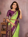 Siitara - Fresh Lime Green with Royal Purple Banarasi silk saree - Siitara