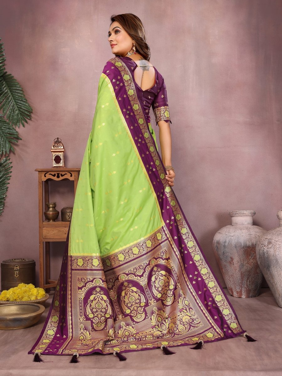 Siitara - Fresh Lime Green with Royal Purple Banarasi silk saree - Siitara