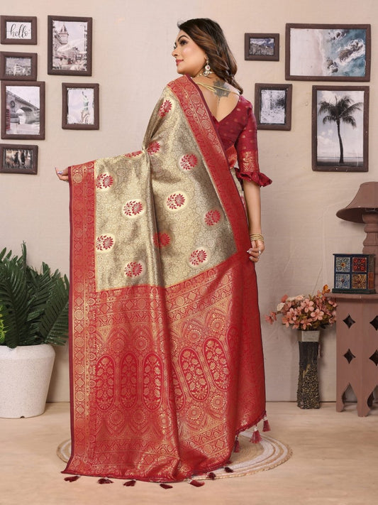 Siitara - Golden Beige with Rich Maroonish Red Tissue Silk Saree - Siitara