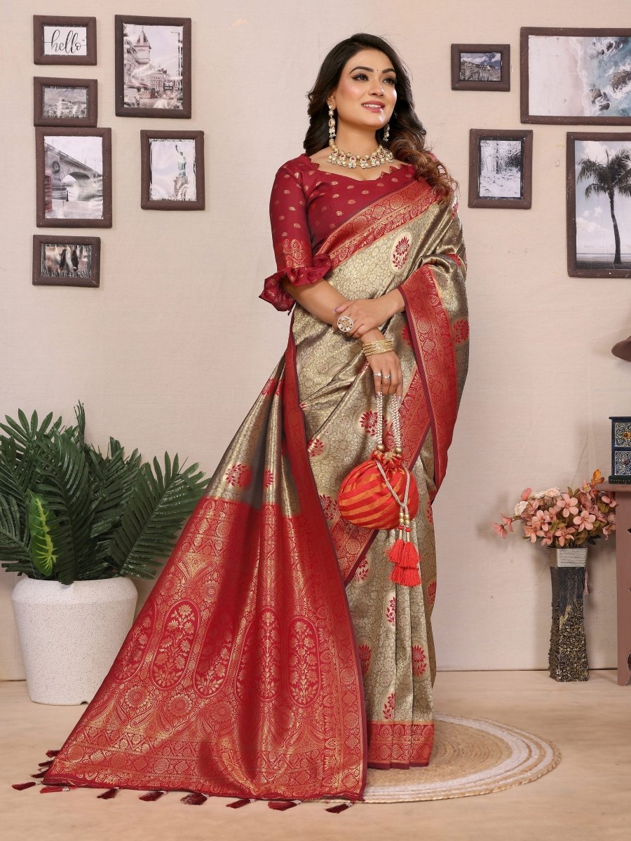 Siitara - Golden Beige with Rich Maroonish Red Tissue Silk Saree - Siitara