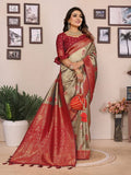 Siitara - Golden Beige with Rich Maroonish Red Tissue Silk Saree - Siitara