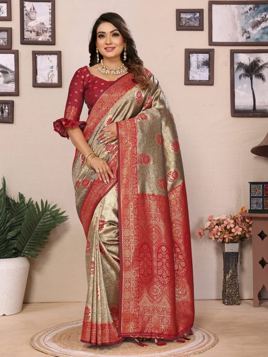 Siitara - Golden Beige with Rich Maroonish Red Tissue Silk Saree - Siitara