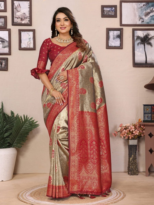 Siitara - Golden Beige with Rich Maroonish Red Tissue Silk Saree - Siitara