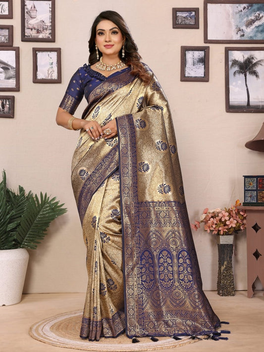 Siitara - Golden Beige with Royal Navy Blue Tissue Silk Saree - Siitara