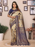Siitara - Golden Beige with Royal Navy Blue Tissue Silk Saree - Siitara