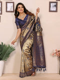 Siitara - Golden Beige with Royal Navy Blue Tissue Silk Saree - Siitara
