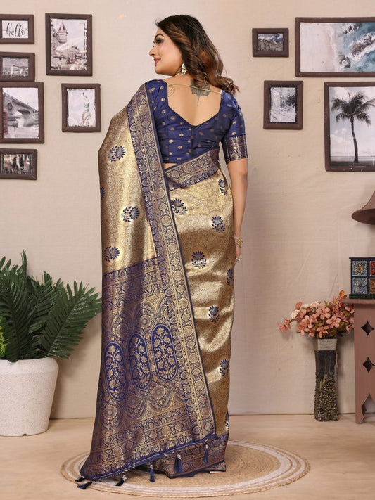 Siitara - Golden Beige with Royal Navy Blue Tissue Silk Saree - Siitara