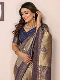 Siitara - Golden Beige with Royal Navy Blue Tissue Silk Saree - Siitara