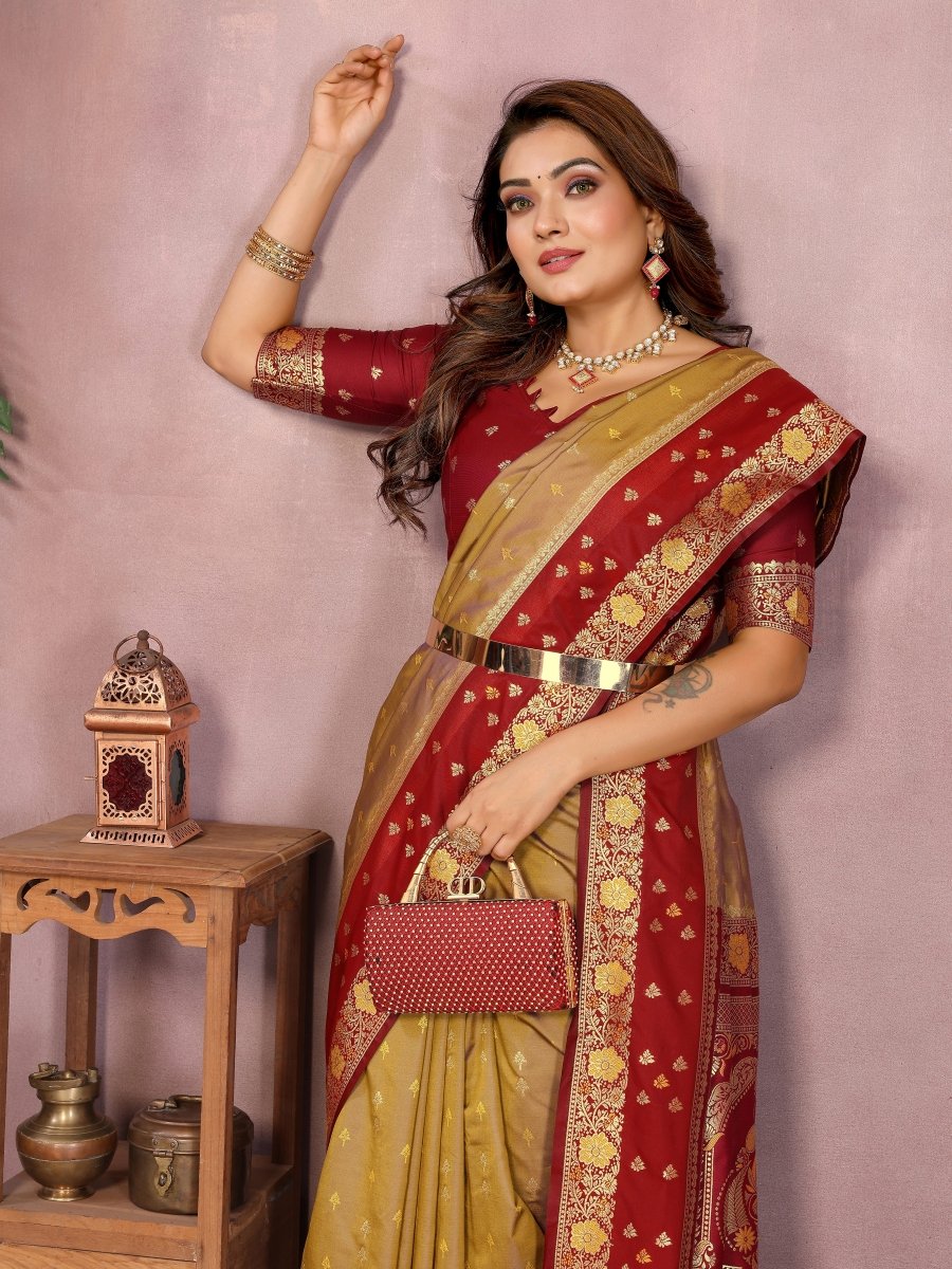 Siitara - Golden Maroon Majesty Banarasi silk saree - Siitara