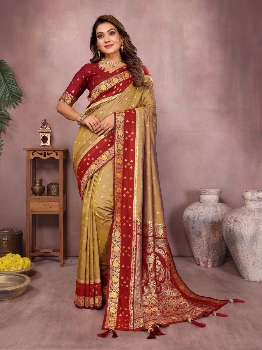 Siitara - Golden Maroon Majesty Banarasi silk saree - Siitara