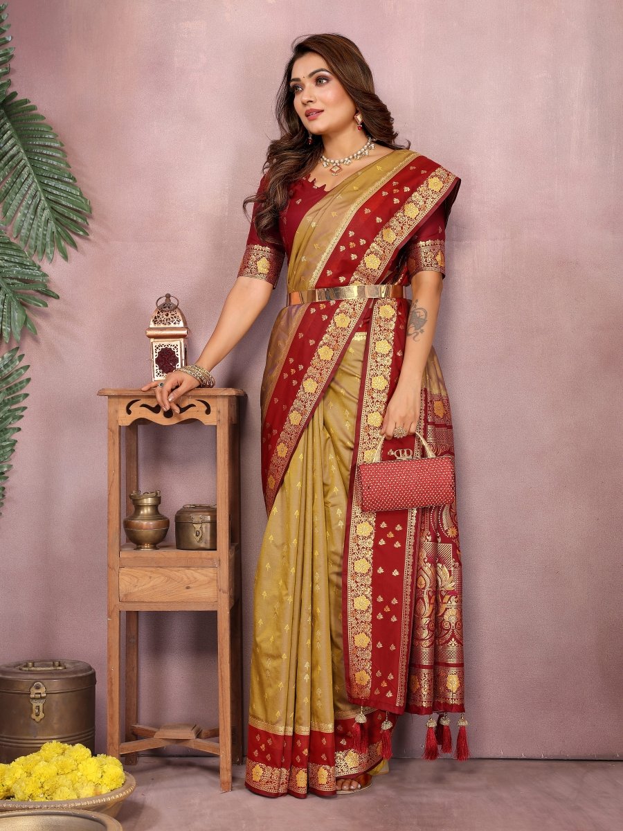 Siitara - Golden Maroon Majesty Banarasi silk saree - Siitara