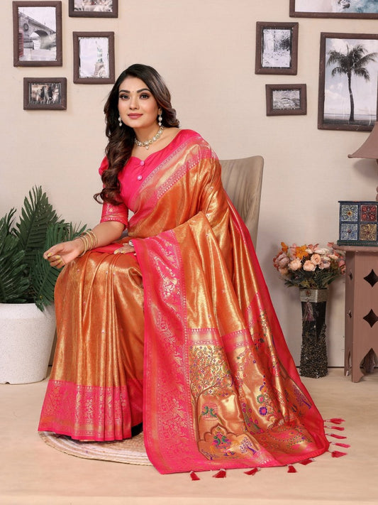 Siitara - Golden Orange & Rani Pink vantara Banarasi Tissue Silk Saree - Siitara