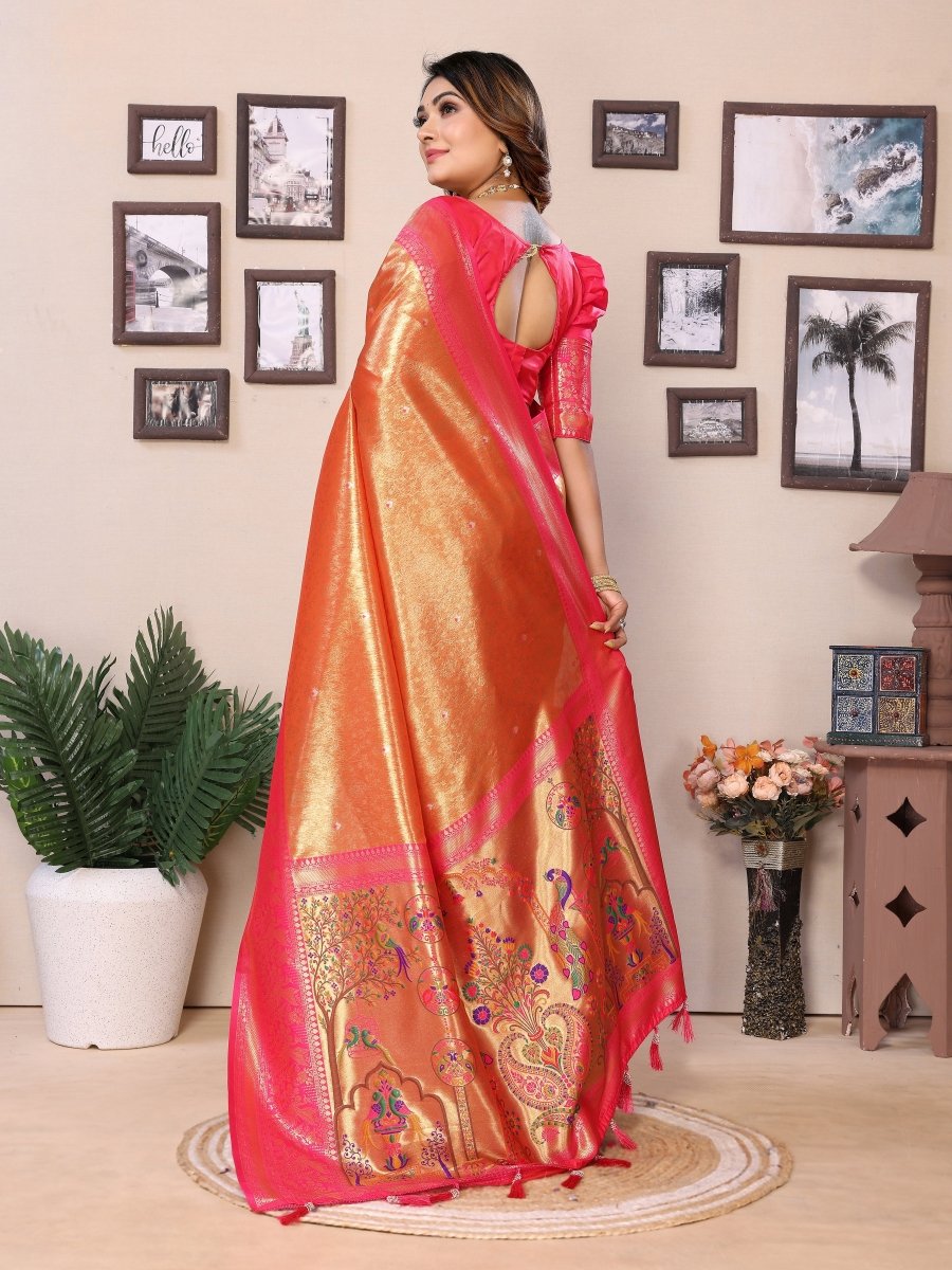 Siitara - Golden Orange & Rani Pink vantara Banarasi Tissue Silk Saree - Siitara