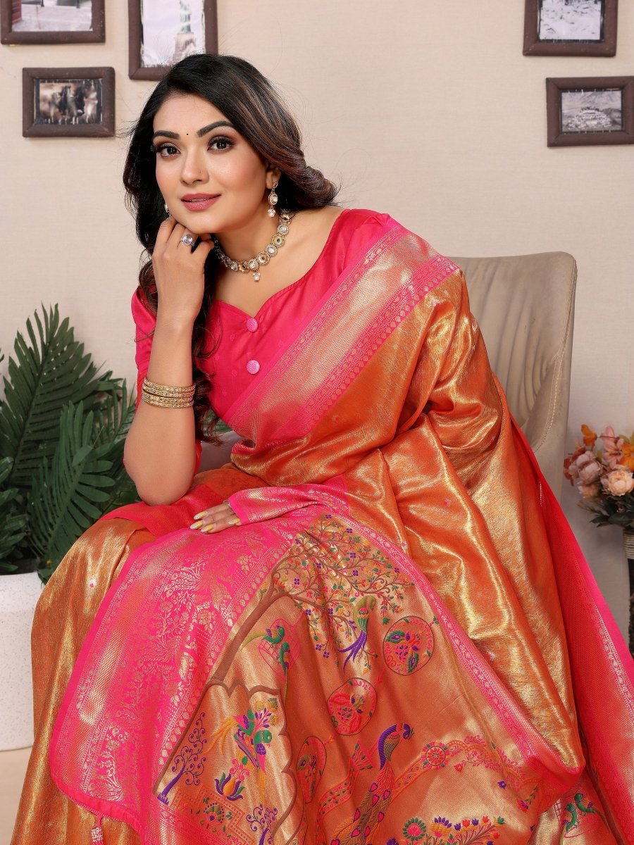 Siitara - Golden Orange & Rani Pink vantara Banarasi Tissue Silk Saree - Siitara