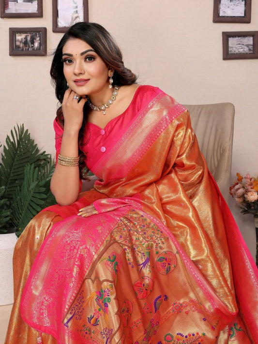 Siitara - Golden Orange & Rani Pink vantara Banarasi Tissue Silk Saree - Siitara