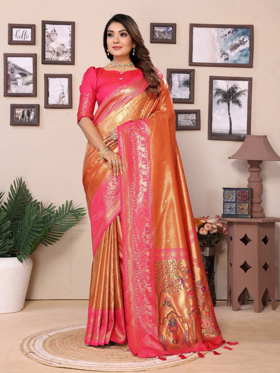 Siitara - Golden Orange & Rani Pink vantara Banarasi Tissue Silk Saree - Siitara