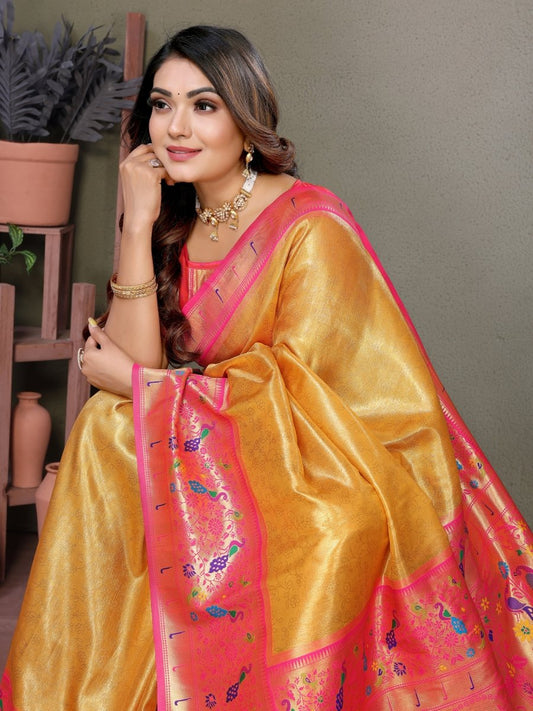 Siitara - Golden Rosé Paithani mrudangi Silk Saree - Siitara