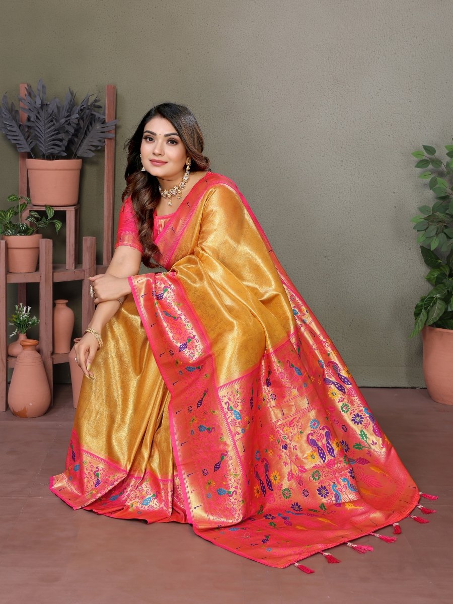 Siitara - Golden Rosé Paithani mrudangi Silk Saree - Siitara