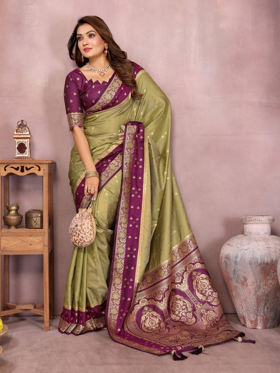 Siitara - Light Olive Green with Royal Purple Banarasi silk saree - Siitara