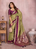 Siitara - Light Olive Green with Royal Purple Banarasi silk saree - Siitara