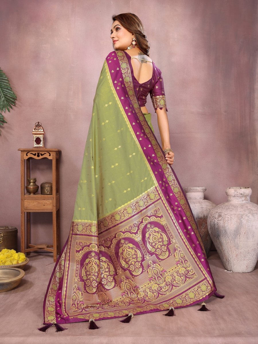 Siitara - Light Olive Green with Royal Purple Banarasi silk saree - Siitara