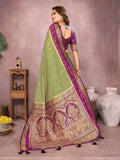 Siitara - Light Olive Green with Royal Purple Banarasi silk saree - Siitara