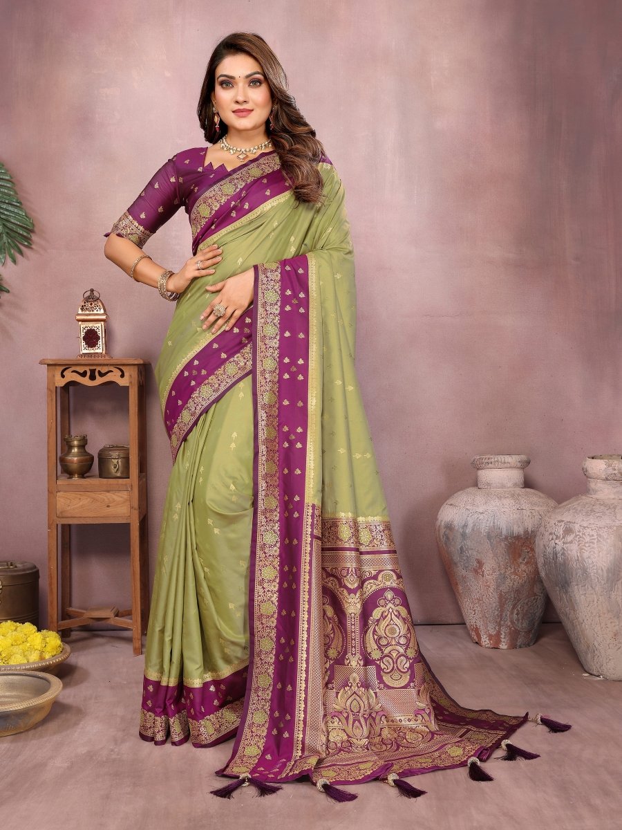 Siitara - Light Olive Green with Royal Purple Banarasi silk saree - Siitara