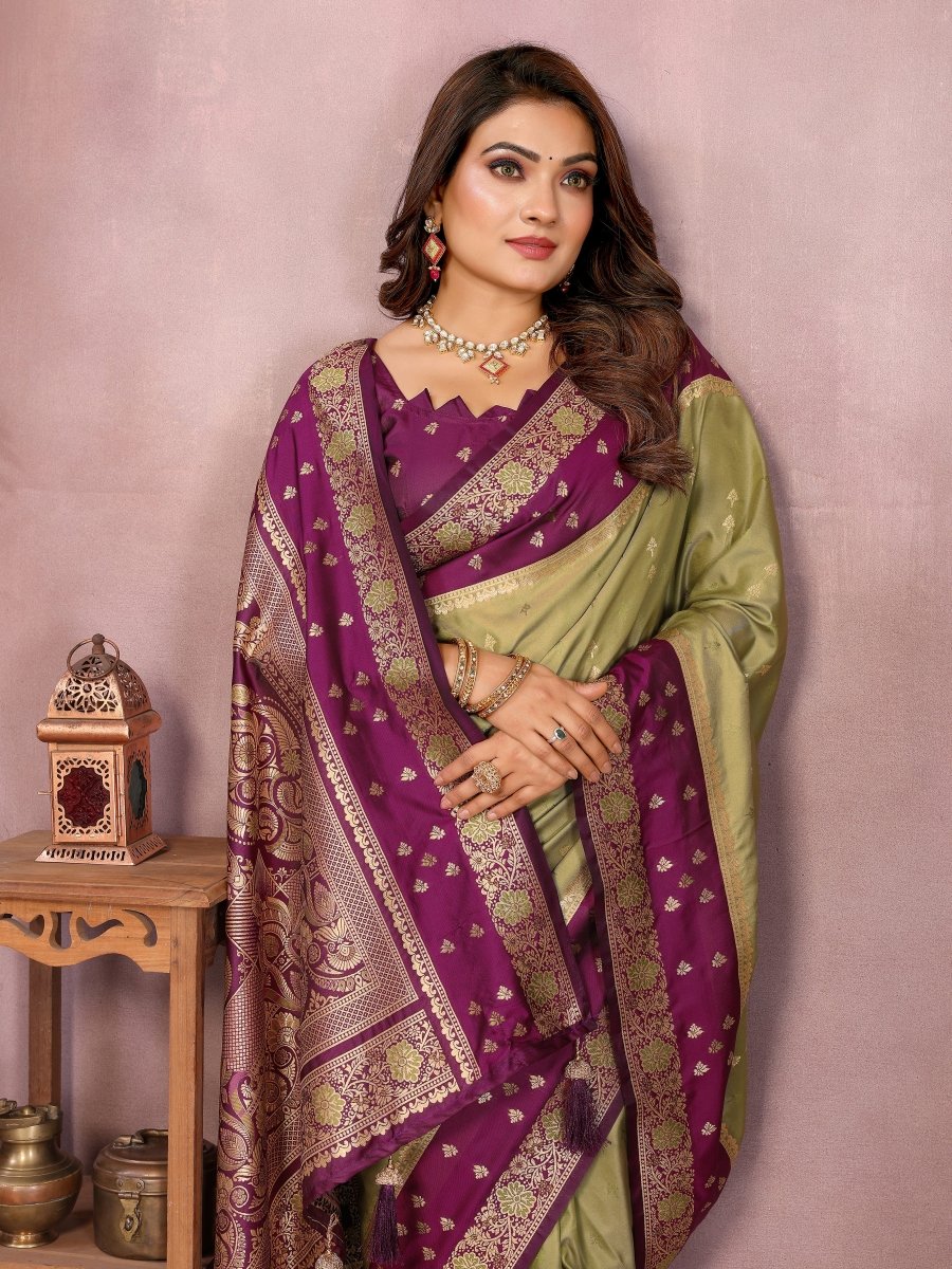 Siitara - Light Olive Green with Royal Purple Banarasi silk saree - Siitara