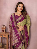 Siitara - Light Olive Green with Royal Purple Banarasi silk saree - Siitara