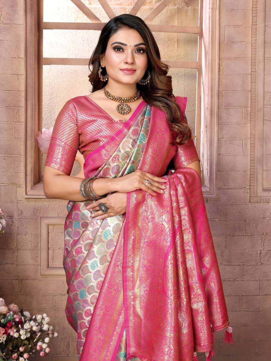 siitara - “Magenta Bloom Chaturi Banarasi Silk Saree – With Golden Zari & Aqua Green Motifs” - Siitara