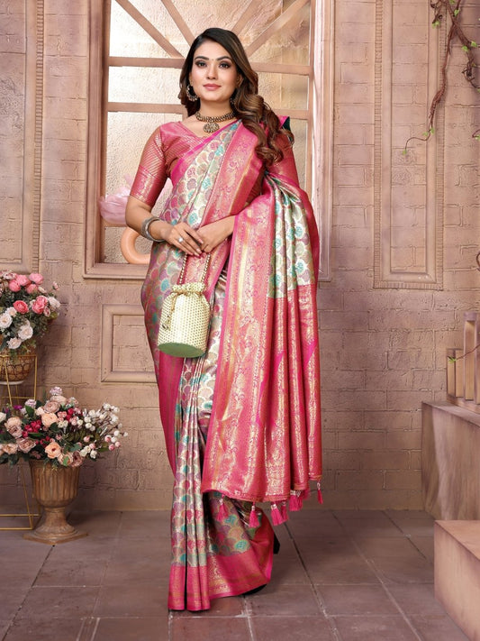 siitara - “Magenta Bloom Chaturi Banarasi Silk Saree – With Golden Zari & Aqua Green Motifs” - Siitara